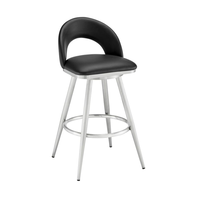 Visy 26 Inch Swivel Counter Stool Chair, Round Back, Black Faux Leather - Benzara