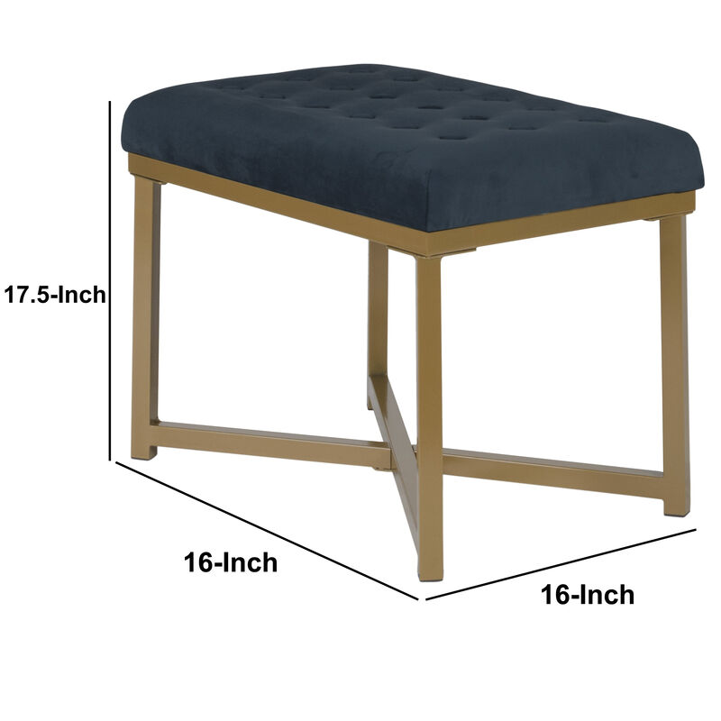 Metal Framed Bench with Button Tufted Velvet Upholstered Seat, Dark Blue and Gold - Benzara