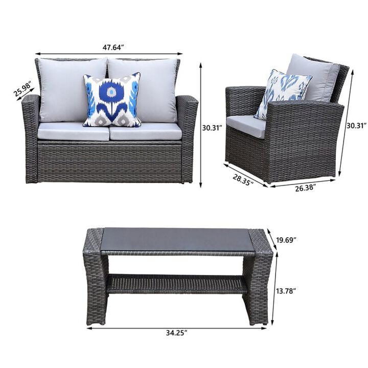 4Pieces PE Rattan Wicker Outdoor Patio Furniture Set with Grey Cushions