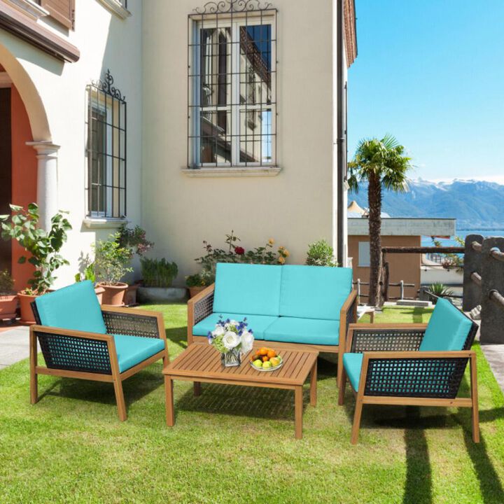 Hivvago 4 Pieces Patio Rattan Furniture Set with Removable Cushions