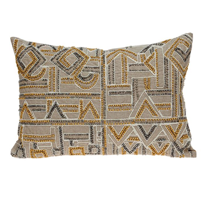 20" Beige and Yellow Embroidered Rectangular Throw Pillow