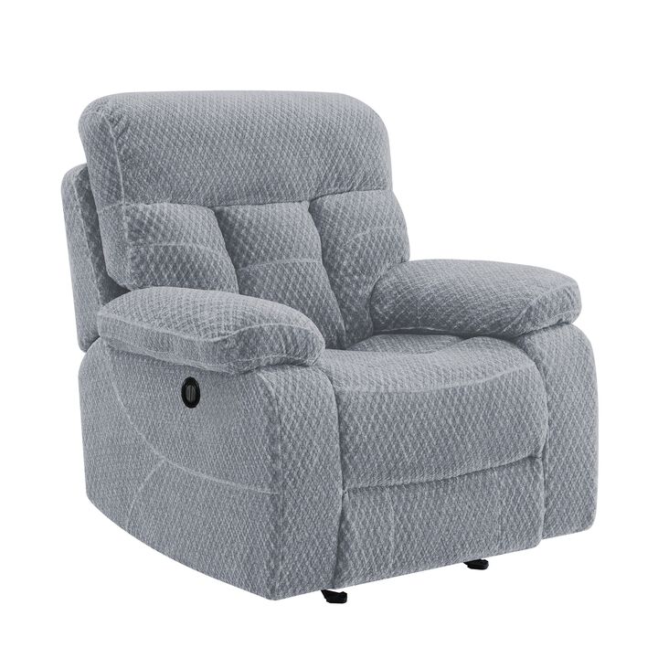 Charl 38 Inch Power Recliner Glider Chair, USB Charger Light Gray Polyester - Benzara