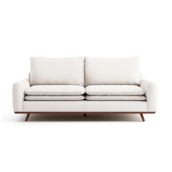 Yaana Sofa with Feather Blend Pillows, Dark Brown Wood, White 83 Inch - Benzara