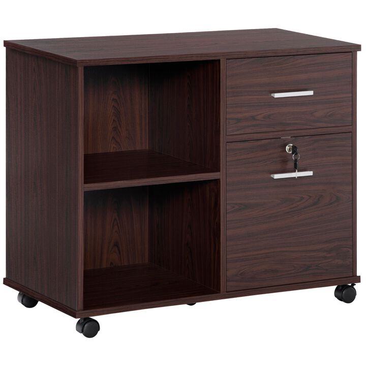 Lateral File Cabinet with Wheels, Mobile Printer Stand with Open Shelves and Drawers for A4 Size Documents, Walunt