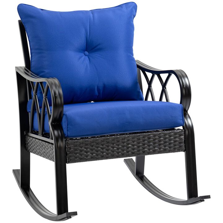 Blue Rattan Wicker Rocking Chair: Patio Recliner with Padded Cushions, Aluminum Frame, Armrest for Garden