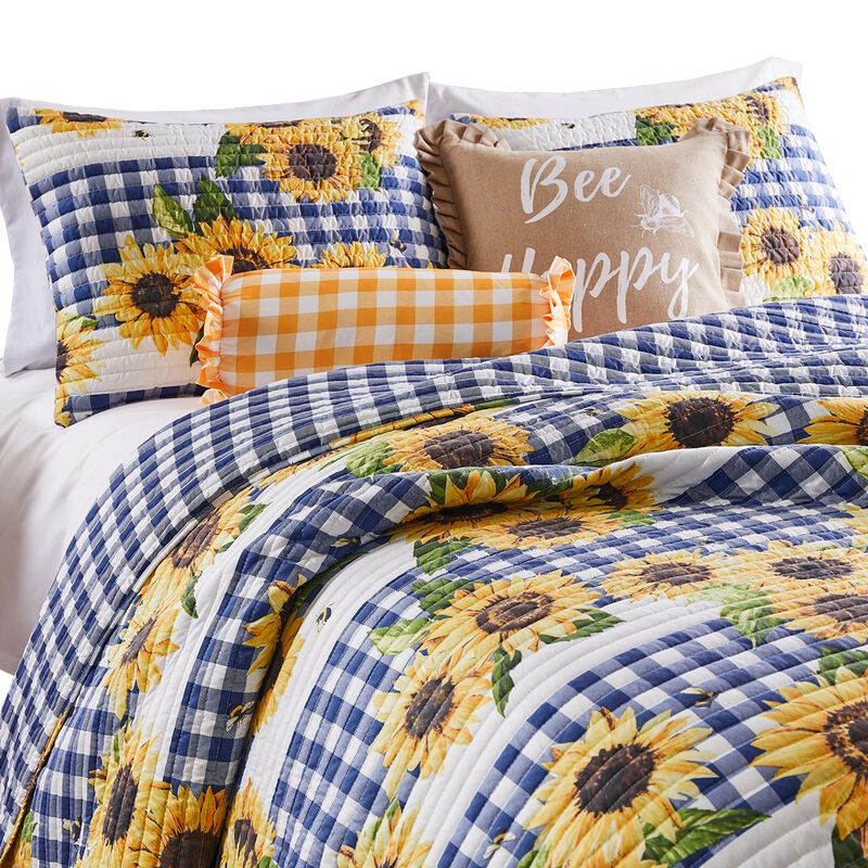 3 Piece King Quilt Set with Sunflower Print, Yellow - Benzara