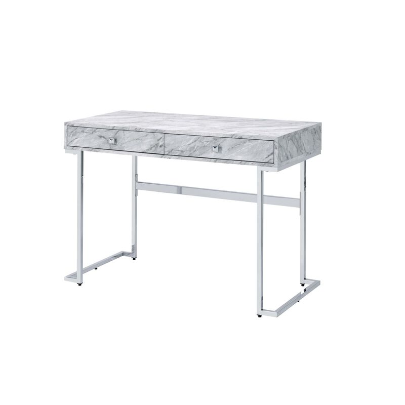 Tigress Writing Desk, White Printed Faux Marble & Chrome Finish