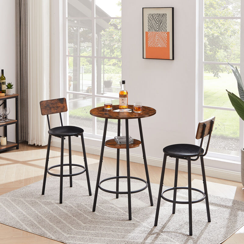 Round Barstool set with shelf, upholstered stool with backrest, Rustic Brown, 23.62" W x 23.62" D x 35.43" H