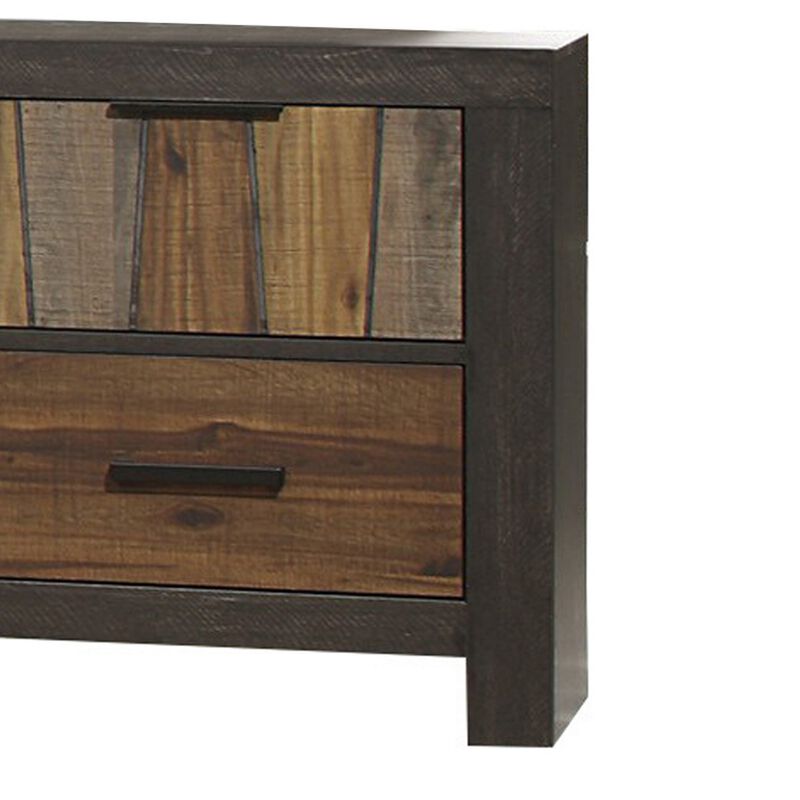 Plank Style 2 Drawer Wooden Nightstand with Metal Bar Handles, Brown - Benzara