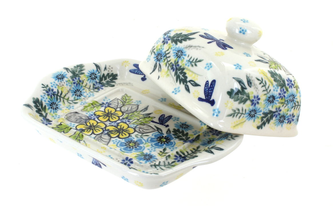 Blue Rose Polish Pottery Sunflower Maze Square Butter Dish