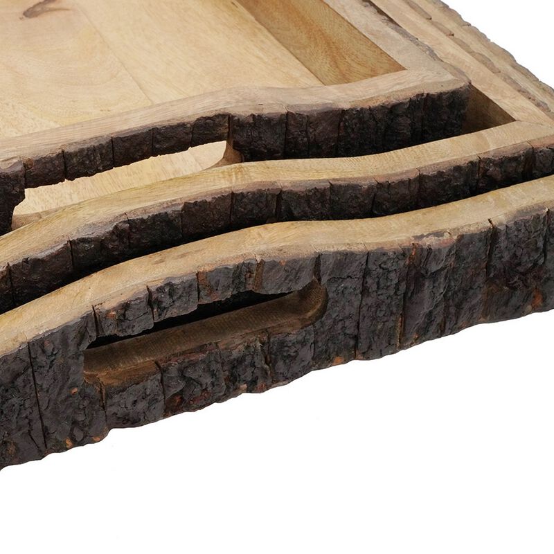 20, 18, 16 Inch Set of 3 Wood Serving Trays, Tree Bark Accent, Natural Brown-Benzara