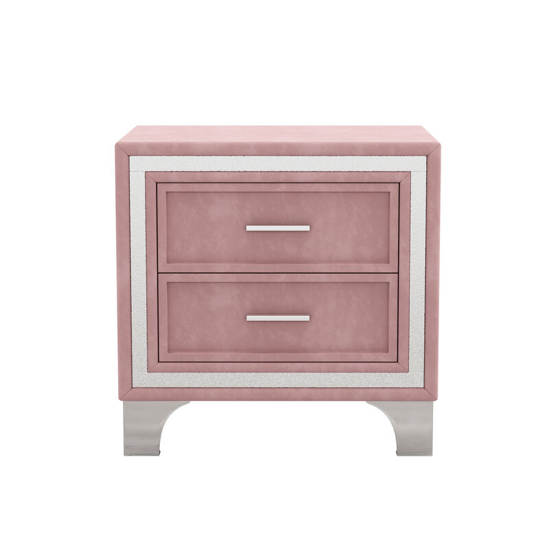 2Drawer Nightstand with Metal Legs for Bedroom, Mid Century Nightstand Fully Assembled Except Legs and Handles, Velvet Bedside Table Pink