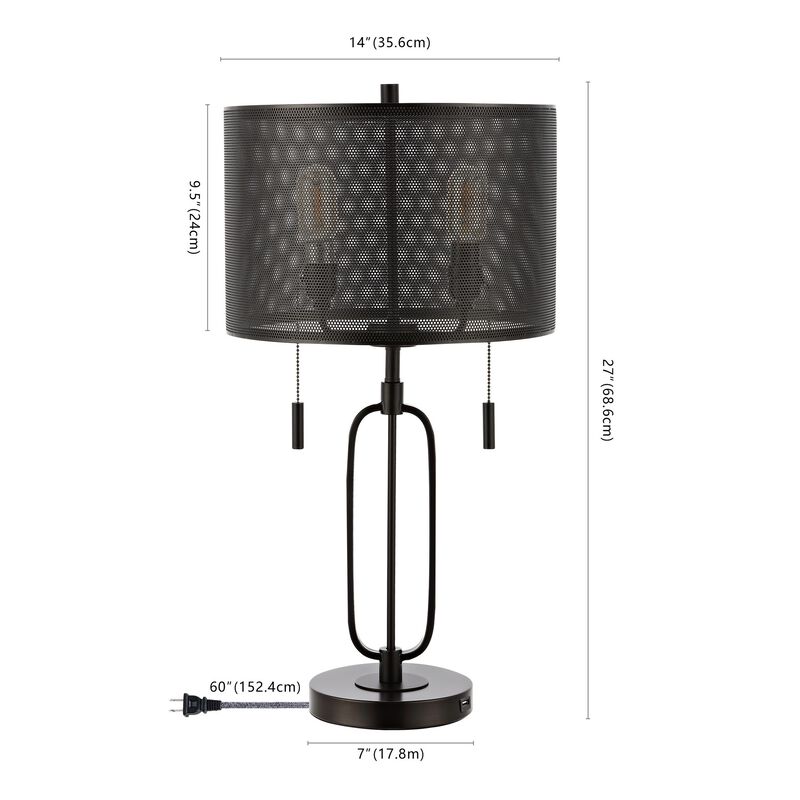 Hank 27" 2-Light Industrial Farmhouse Iron LED Table Lamp with USB Charging Port, Oil Rubbed Bronze