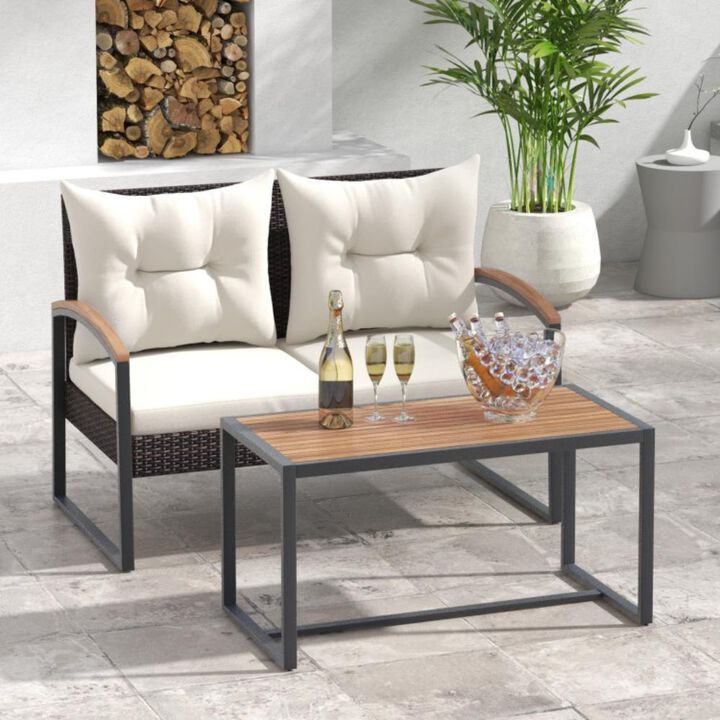 Hivvago 2 Pieces Patio PE Wicker Furniture Set with Acacia Wood Coffee Table