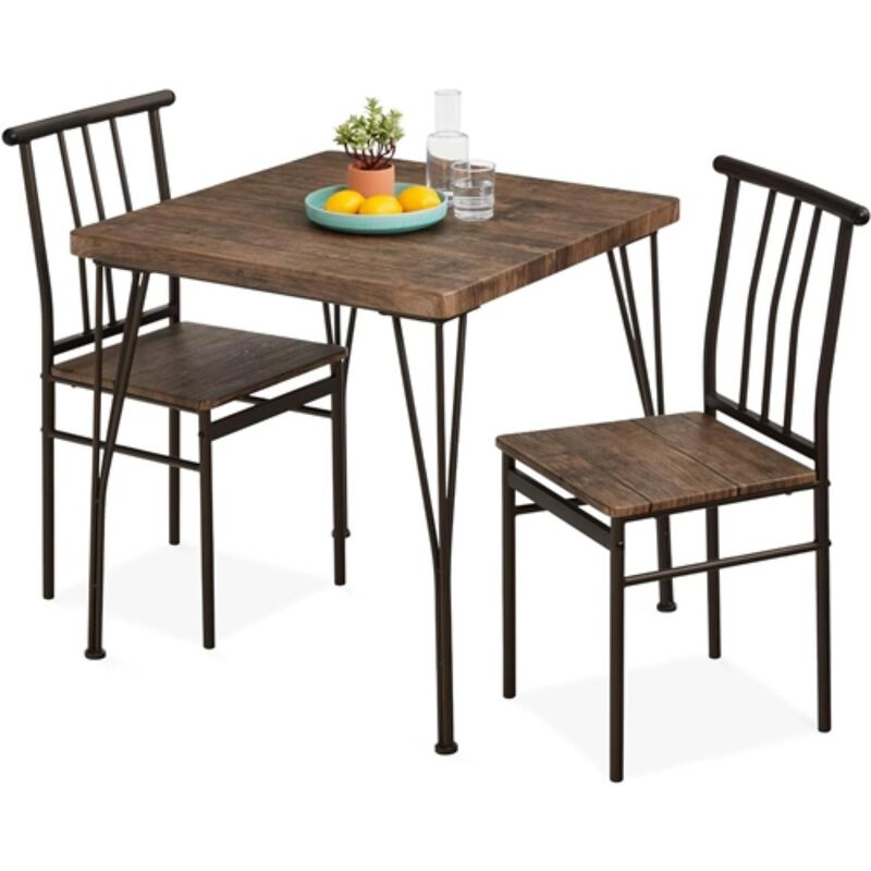 3 Piece Black Metal Frame Dining Set with Dark Brown Wood Top Table and 2 Chairs