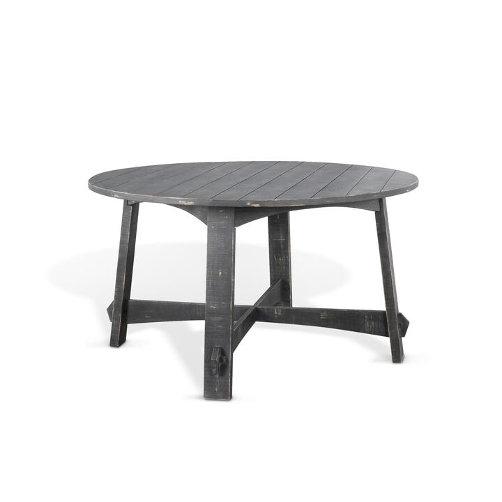 Rena Dining Table, 54 Inch Round Planked Black Smoke Mahogany Wood - Benzara