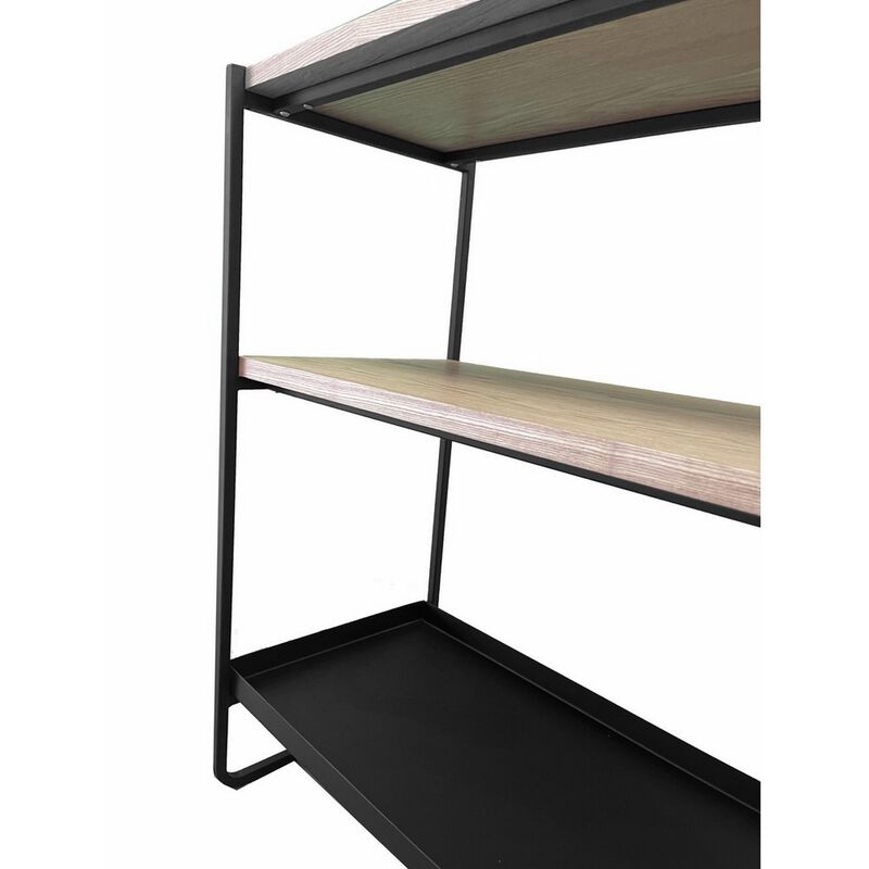 Evon 40 Inch Shelving Unit, Natural Brown Wood Top, 3 Shelves, Black Metal - Benzara