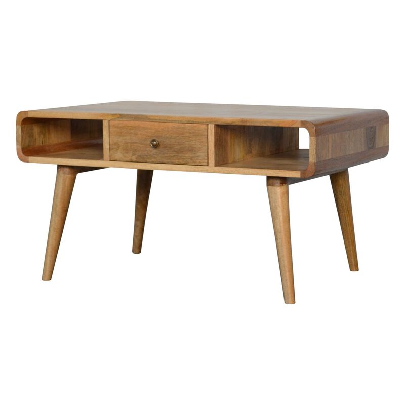 Curved  Solid Wood 2 Drawer Oak-ish Coffee Table