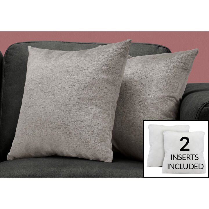 Monarch Specialties I 9273 Pillows, Set Of 2, 18 X 18 Square, Insert Included, Decorative Throw, Accent, Sofa, Couch, Bedroom, Polyester, Hypoallergenic, Grey, Modern