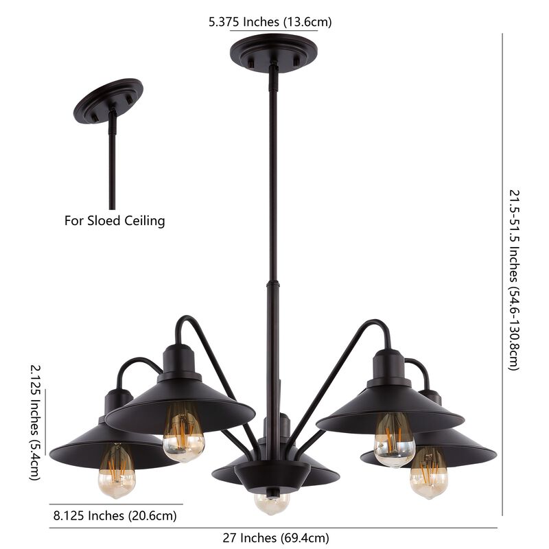 Cole 27" 5-Light Metal Farmhouse Industrial LED Chandelier, Oil Rubbed Bronze