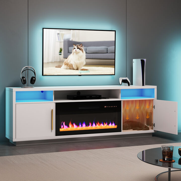 BELLEZE 79" Fireplace TV Stand for TVs Up to 85" With Cat Litter Box, LED Light Entertainment Center with Storage and 36" Electric Fireplace Heater, Large Media Console Table for Living Room, White
