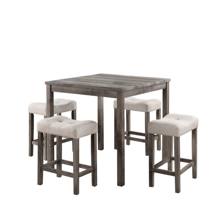 Lucian Brown 5 Piece Counter Height 36" PUb Table Set with Tufted Creamy White Linen Stools