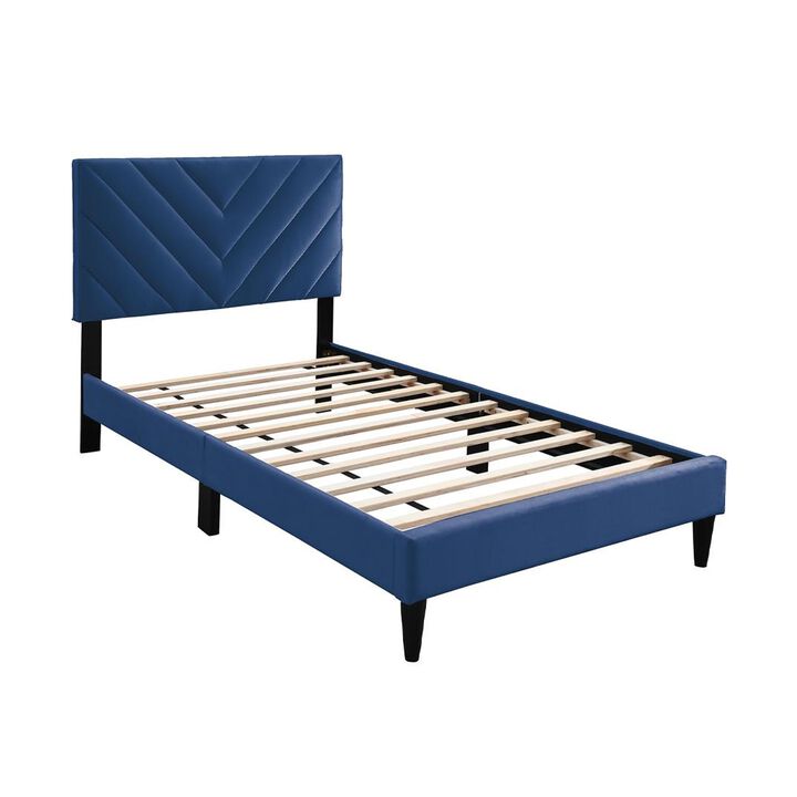 Lilian Full Bed, Tufted Navy Blue Velvet Upholstery, Chevron Stitch - Benzara