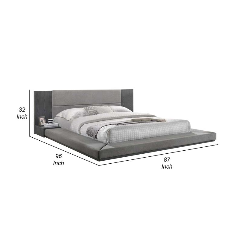 Noe Ruby Queen Bed with Built in Nightstands, Low Height, Gray Upholstery - Benzara