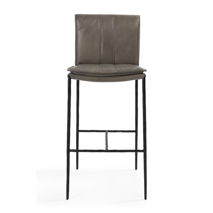 Maer 31 Inch Barstool Chair, Cushioned, Gray Leather Upholstery, Iron - Benzara