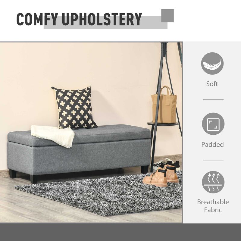 Gray Entryway Storage: 50" Upholstered Ottoman Bench with Soft Close Lid