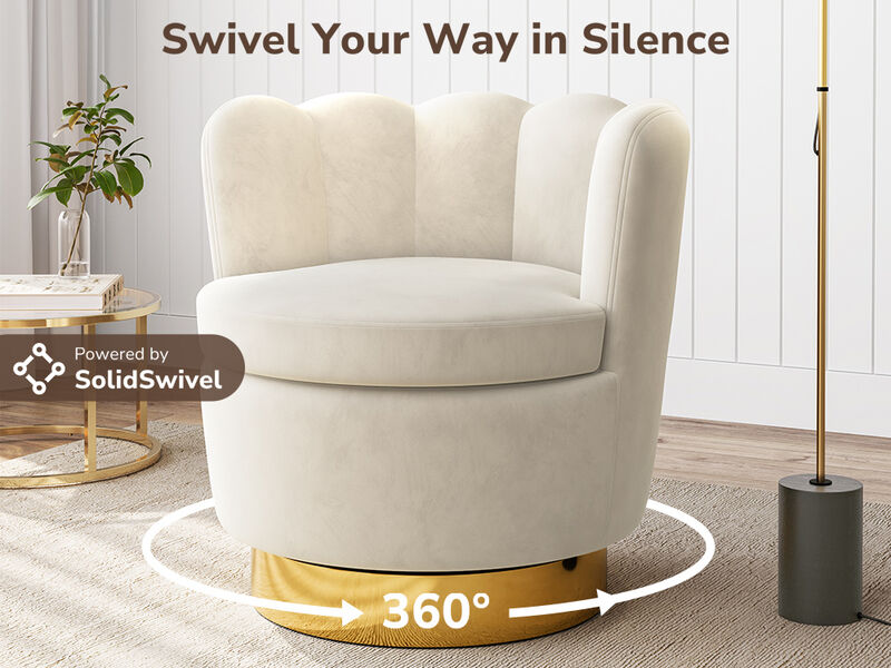 BELLEZE Swivel Accent Chair, Velvet Modern Round Petal Swivel Barrel Chair, 360� Upholstery Swivel Sofa Armchair, Comfy Swivel Accent Chair for Living Room Bedroom - Lotus (White)