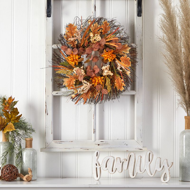 HomPlanti 22" Autumn Dahlia and Berries Artificial Fall Wreath