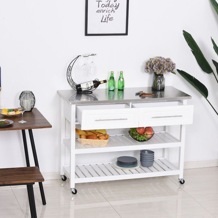 Kitchen Cart on Wheels with Stainless Steel Top, Rolling Kitchen Island Cart with Glass Door, White