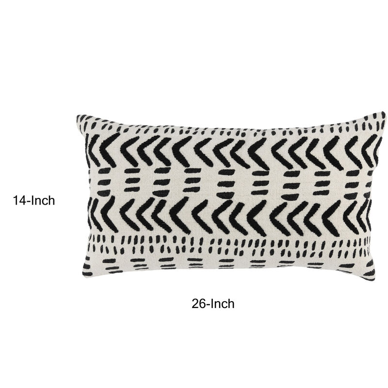 26 Inch Cotton Decorative Lumbar Throw Pillow, Tribal Pattern, Black, White-Benzara