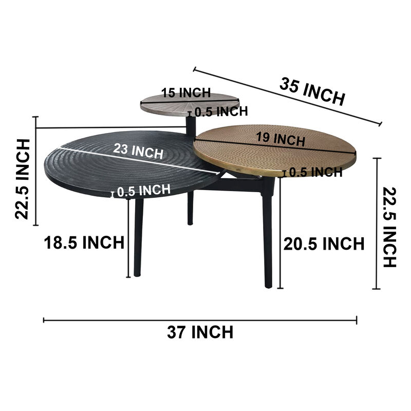 Trilogy 3 Tier Coffee Table, Handcrafted In Black, Antiqued Brass and Silver Finish, 37-Inch - Benzara