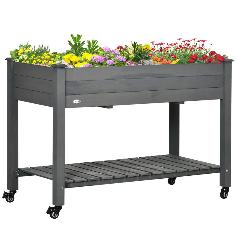 Outsunny Raised Garden Bed, 47" x 22" x 33", Elevated Wooden Planter Box with Lockable Wheels, Storage Shelf, and Bed Liner for Backyard, Patio, Dark Gray