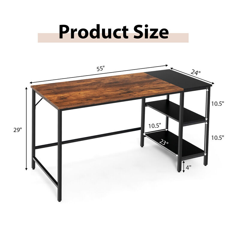 Costway 55'' Computer Desk Writing Workstation Study Table Home Office with Bookshelf Rustic