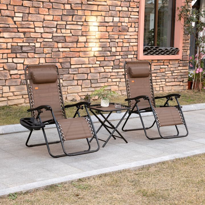 Brown Outdoor Relaxation: 3-Piece Zero Gravity Chair Set with Table