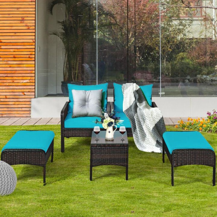 Hivvago 5 Pieces Patio Rattan Sofa Ottoman Furniture Set with Cushions