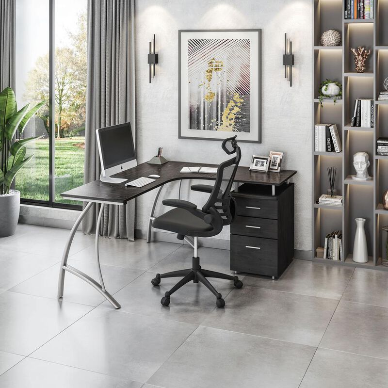 Modern L- Shaped Computer Desk with File Cabinet and Storage. Color: Espresso