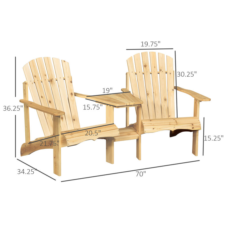 Outsunny Wooden Adirondack Chair for Two, Outdoor Fire Pit Chair Set with Table & Umbrella Hole, Patio Chairs for Deck Lawn Pool Backyard, Natural