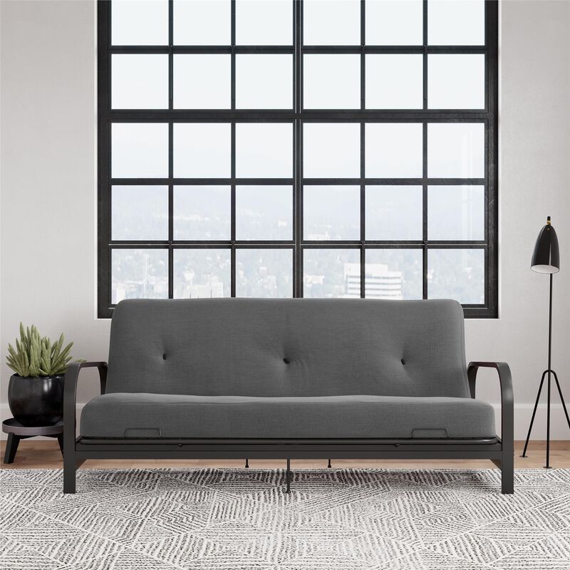 Max Black Metal Arm Full Size Futon Frame with 6” Thermobonded High Density Polyester Fill Gray Futon Mattress