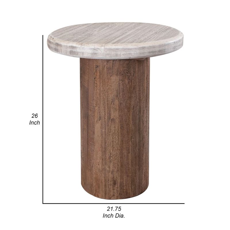 Benjara Kohl 26 Inch Side End Table, Mango Wood, Drum Base, Floated Top, Cream and Brown