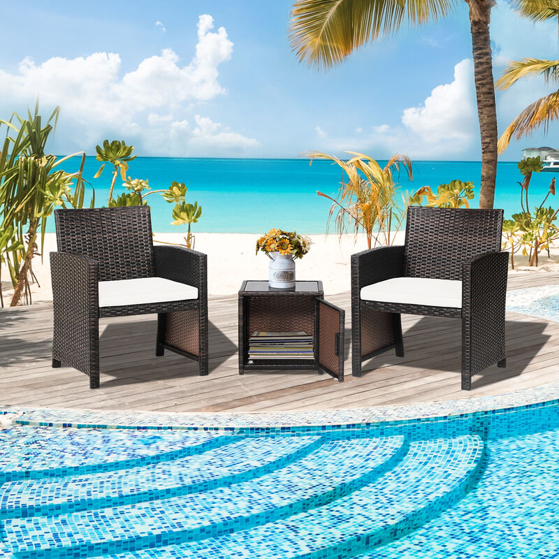 3-Piece Patio Wicker Furniture Set with Storage Table and Protective Cover - Off White