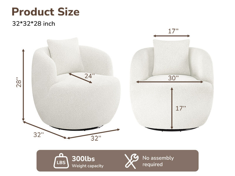 BELLEZE Wide Swivel Barrel Chair, Modern Round Boucle Swivel Armchair Curved Backrest Upholstered 360�Swivel Sofa Accent Chair with Pillow, Comfy Swivel Accent Chair for Living Room -Francisco (White)