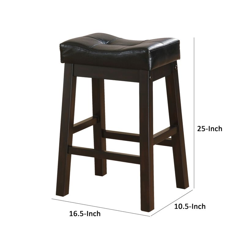 25 Inch Set of 2 Counter Height Stools, Brown Faux Leather Saddle Seat - Benzara
