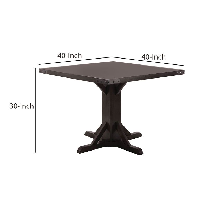 Square Wooden Dining Table with Pedestal Base and Metal Accents, Brown - Benzara