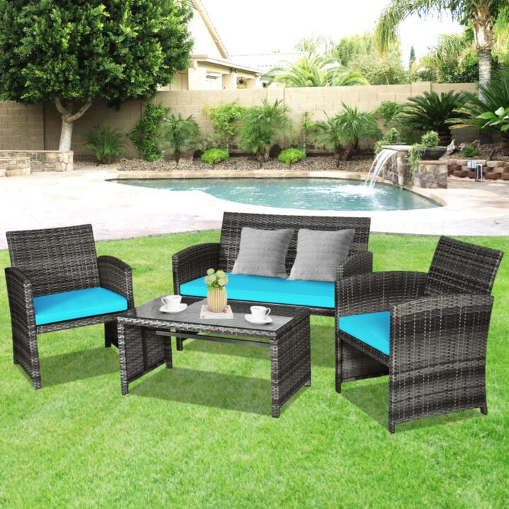 Hivvago 4 Pieces Patio Rattan Furniture Set with Glass Table and Loveseat