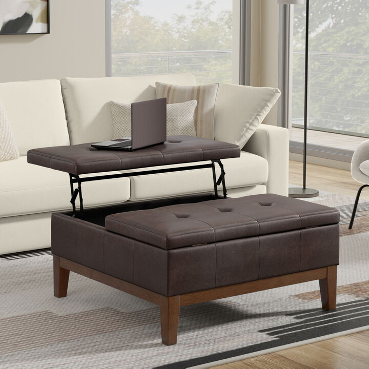 Dover 36 inch Wide Contemporary Square Lift Top Coffee Table Storage Ottoman in Distressed Brown Vegan Faux Leather, Assembled