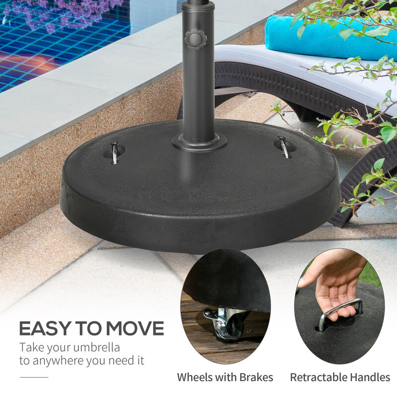 Outsunny 52lbs Resin Patio Umbrella Base with Wheels and Retractable Handles, 20.75" Round Outdoor Umbrella Stand Holder for Parasol Poles 1.5" - 1.9" Dia, Black